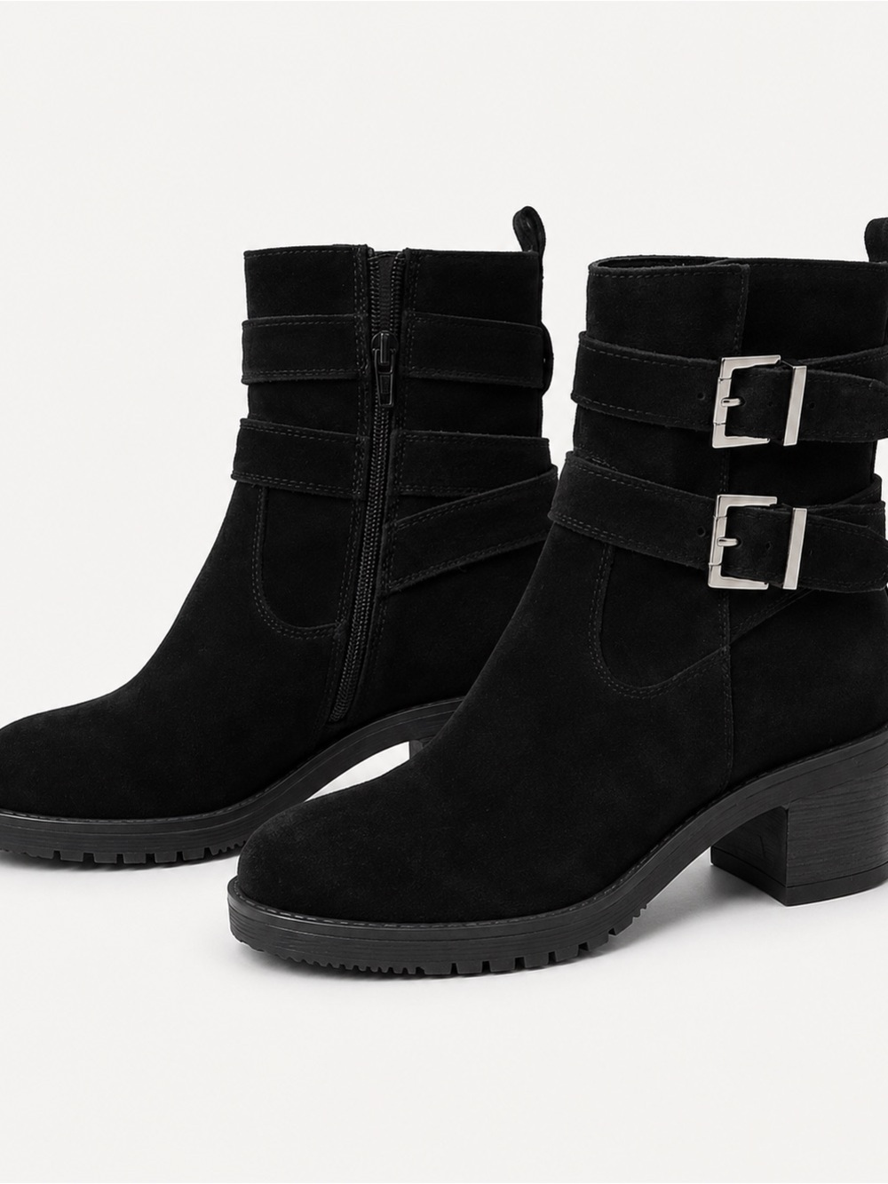 Women's Black Suede Buckle Ankle Boots with Block Heel